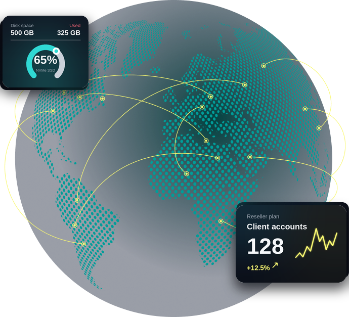 White-label reseller hosting dashboard showing client accounts and NVMe disk usage on Snappyhost's UK network